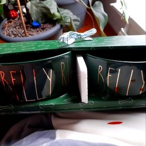 Rae Dunn bark, love and belly rub dog food bowl